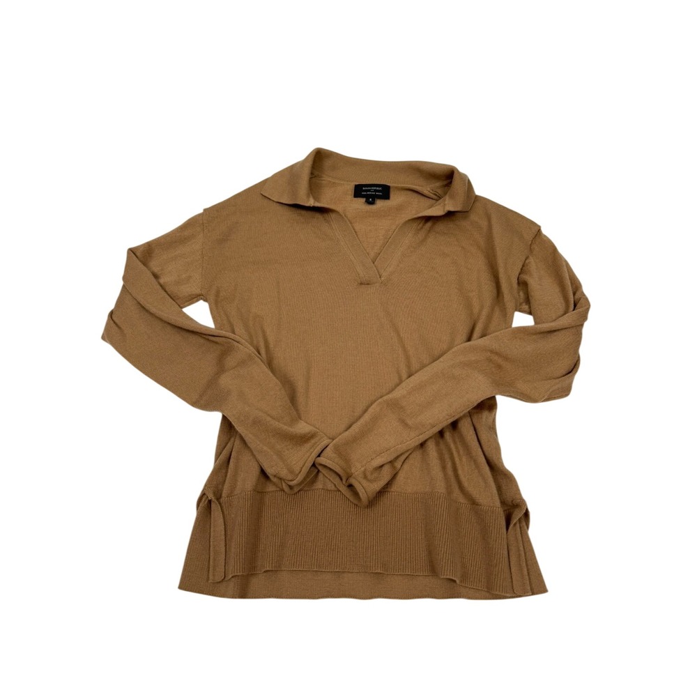 Banana Republic 100% Wool Sweater Women Small Tan Collared V Neck Lightweight